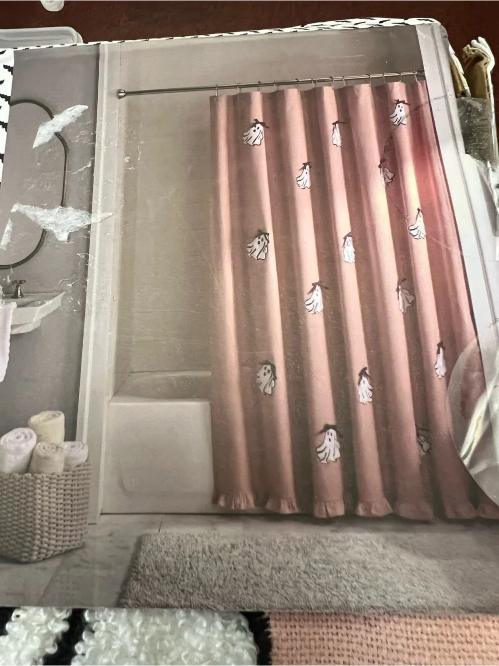 cupcakes & cashmere Pink Cotton Ghost Embroidered Shower Curtain